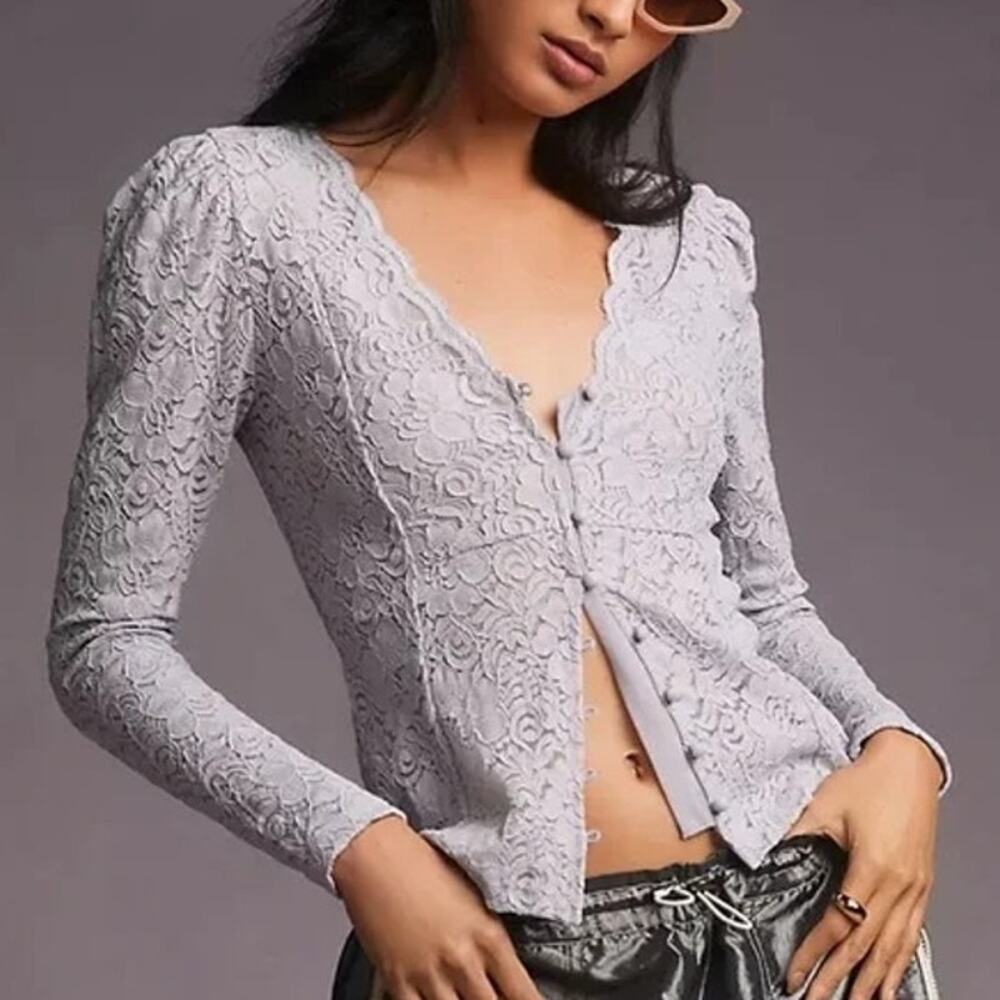 Anthropologie Lace Long Sleeve Top Button Front Light Purple Women's Medium